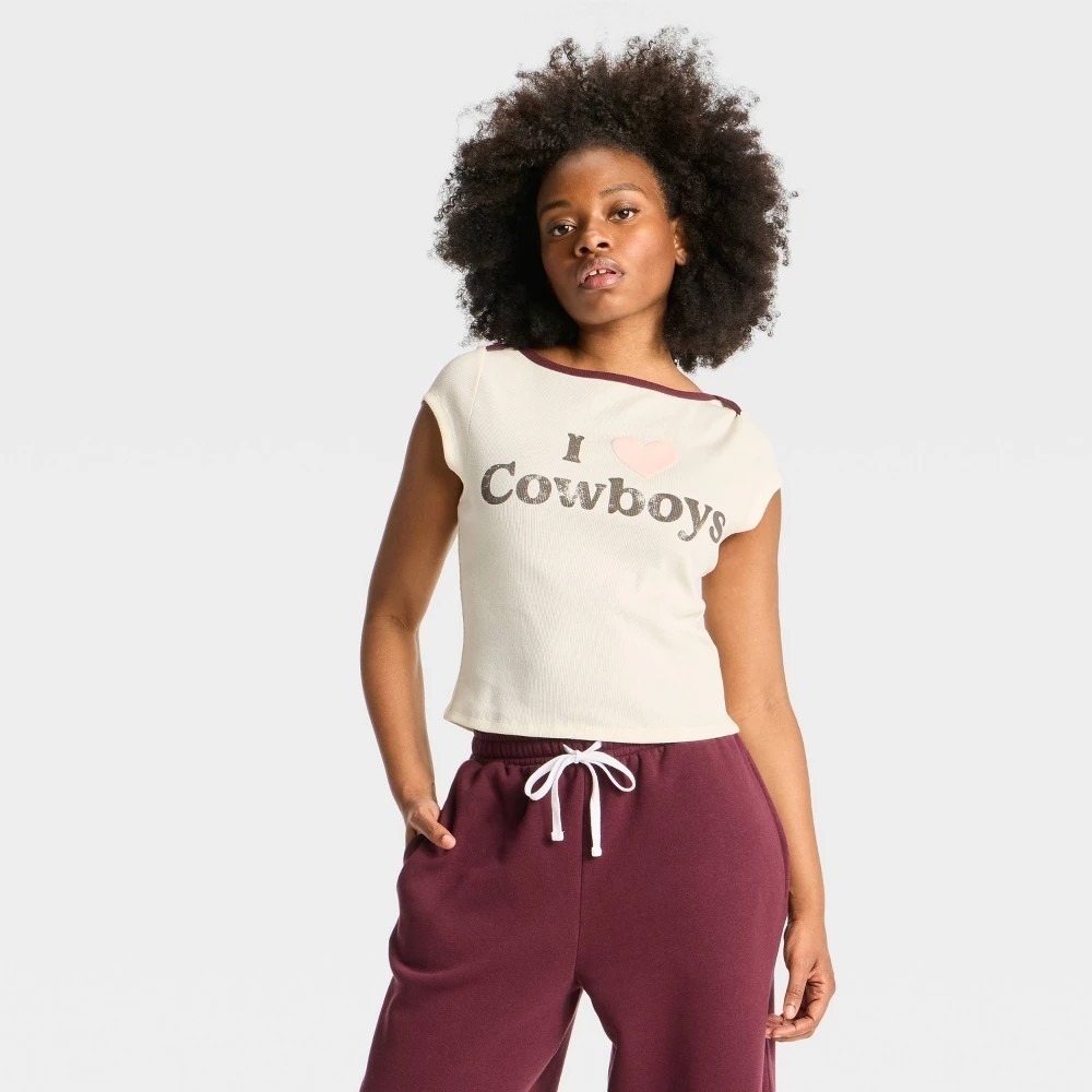 Grayson Threads I Love Cowboys Women's XS Western Ribbed T-Shirt Cream Maroon